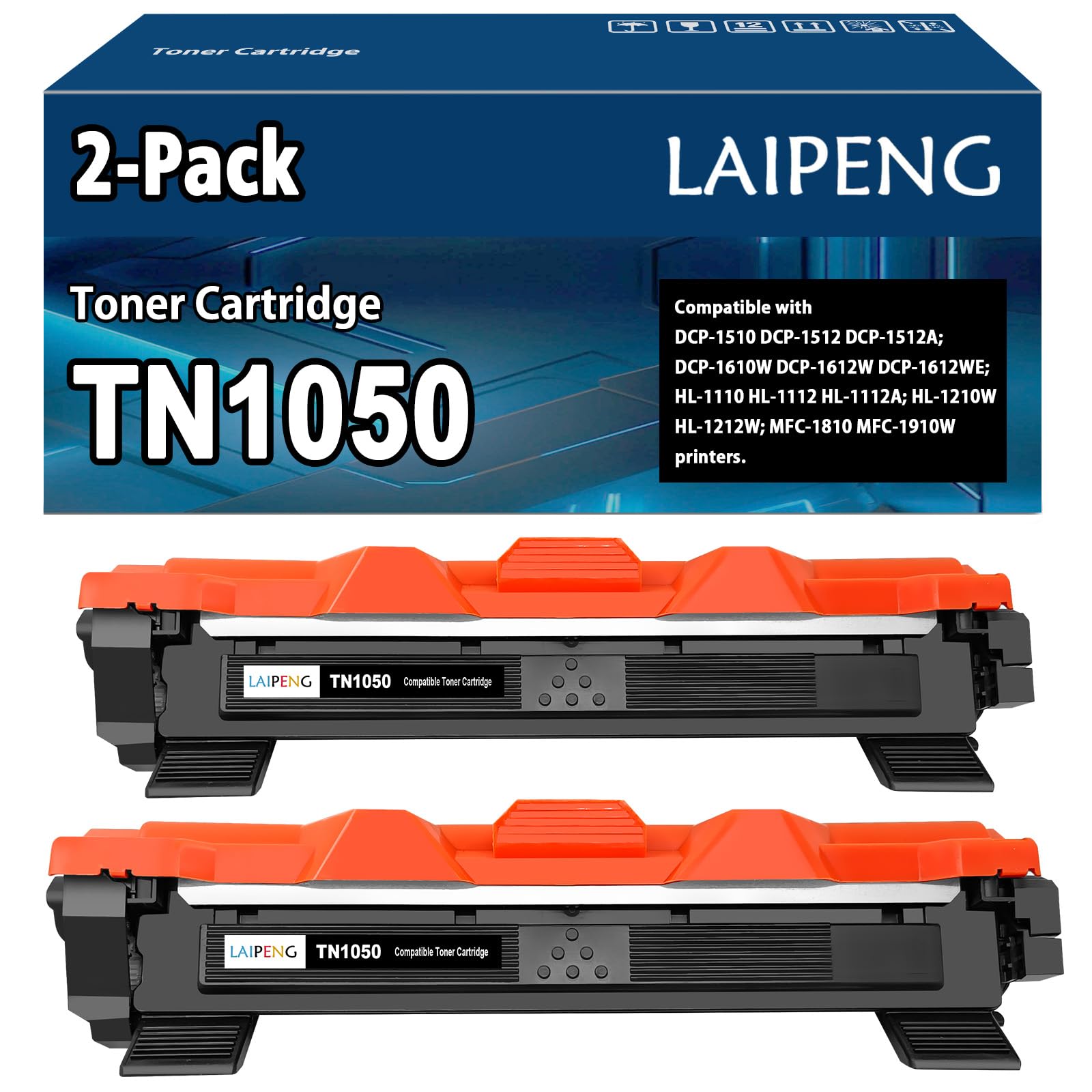 LAIPENG Compatible TN-1050 TN1050 Toner Cartridge for Brother DCP-1510 DCP-1512 DCP-1512A DCP-1610W DCP-1612W DCP-1612WE HL-1110 HL-1112 HL-1112A HL-1210W HL-1212W MFC-1810 MFC-1910W Printers (2BK)