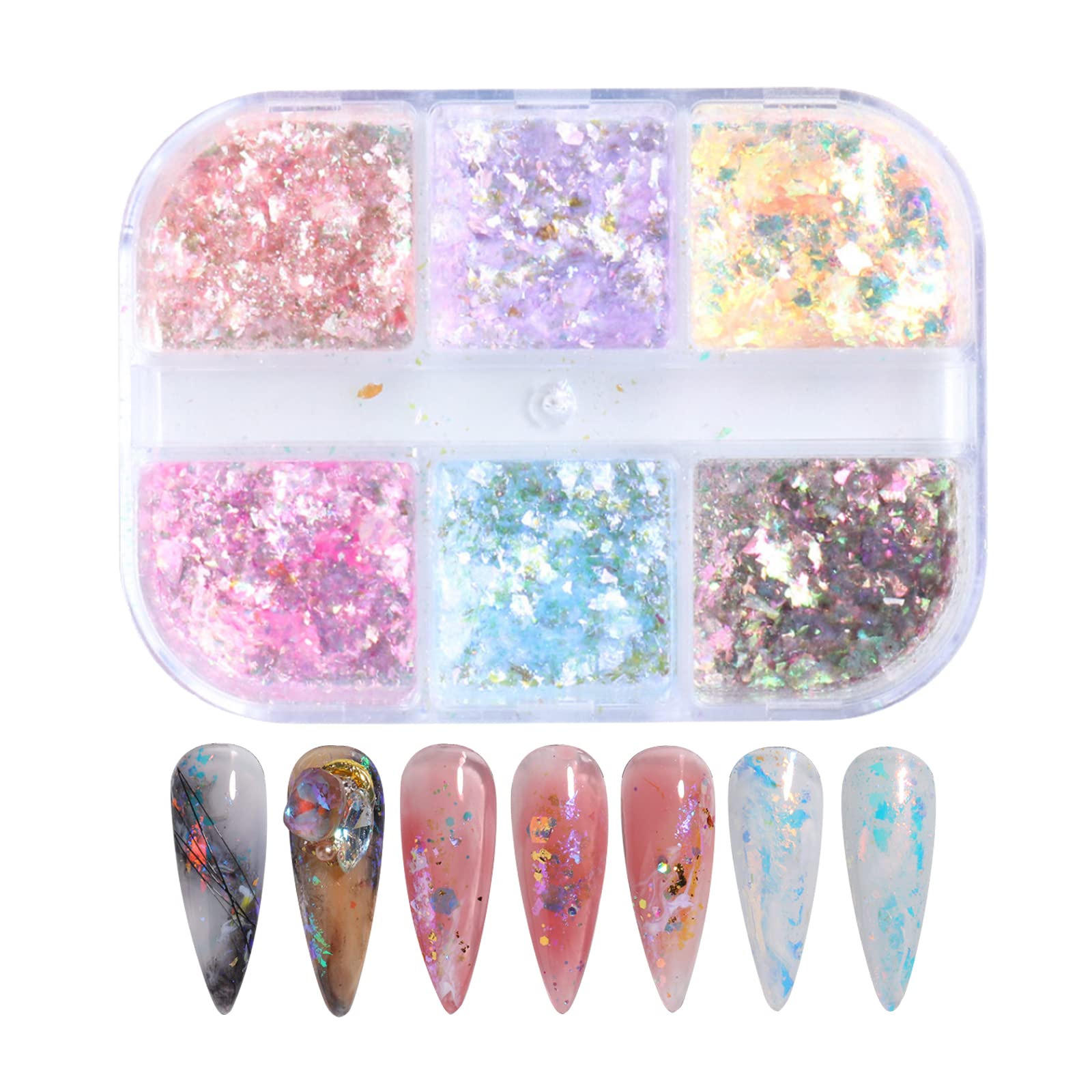Opal Nail Glitter,1 Box 6 Grids Aurora Transparent Colorful Nail Glitter Sequins,Holographic Glitter Chrome Powder for DIY Nail Art Design Decoration(6 Grids Opal Powder)