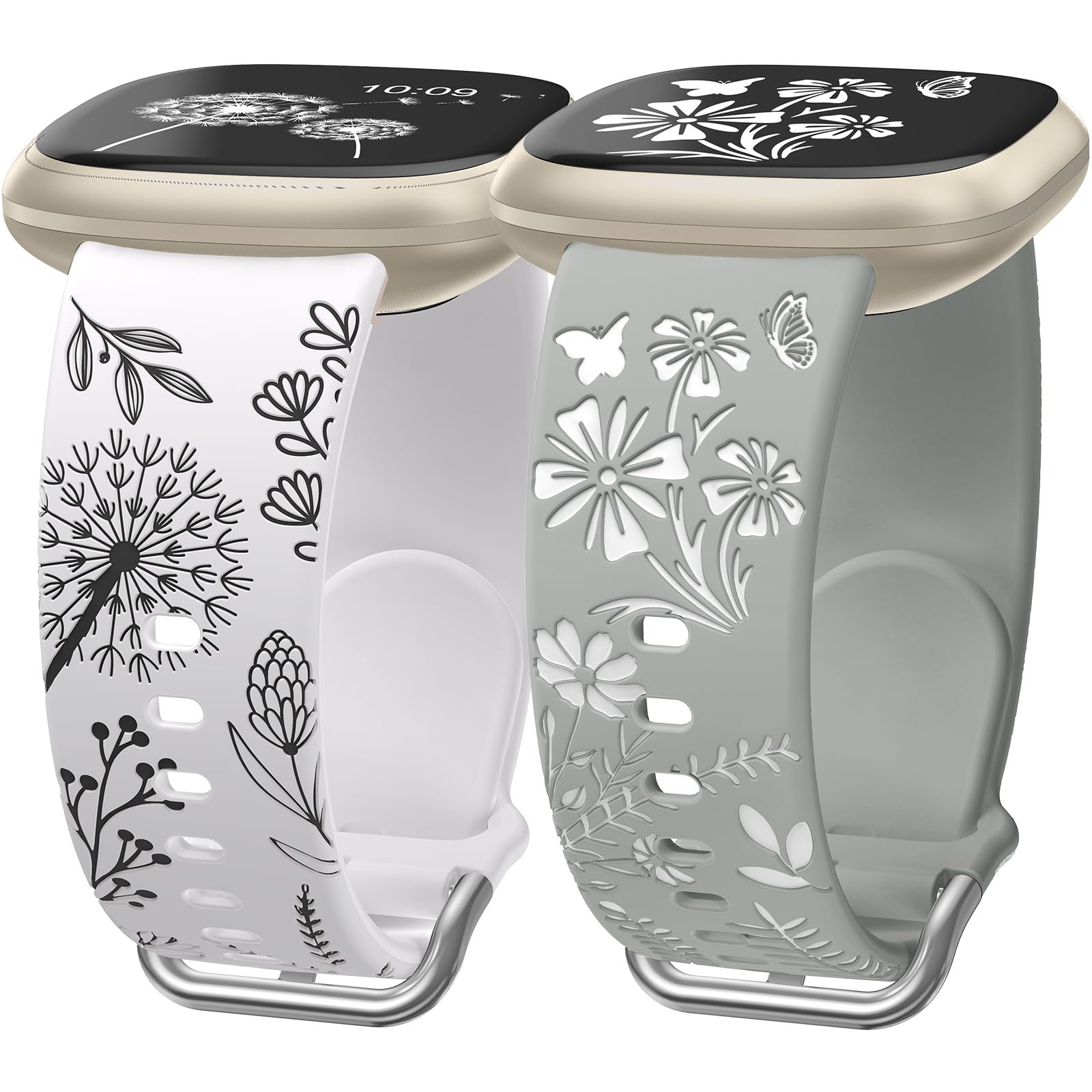 Wearlizer 2 Pack Floral Engraved Strap Compatible with Fitbit Versa 3 Straps/Versa 4 Straps/Sense 2/Sense Bands Women, Cute Two-Tone Flower Soft Silicone Sport Bracelet Starlight/Black Green/Black