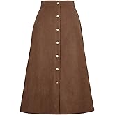 Leyoutx Women's Spring Fall High Waist Corduroy A-Line Slim Button Front Solid Color Midi Skirts