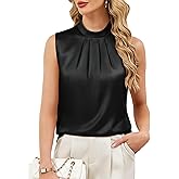 Funlingo Womens Satin Tank Tops Summer Sleeveless Mock Neck Dressy Blouses Pleated Work Shirts Business Casual Outfit