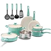 GreenLife Soft Grip Healthy Ceramic Nonstick, 15 Piece Cookware Pots and Pans Set, Induction, PFAS-Free, Dishwasher Safe, Turquoise
