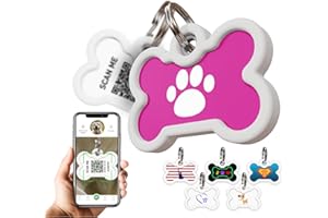 ROVERTAGS QR Code Dog Tag Silent Id Pet Tags Personalized Name Plate with Online Profile (Pink Paw, Bone)