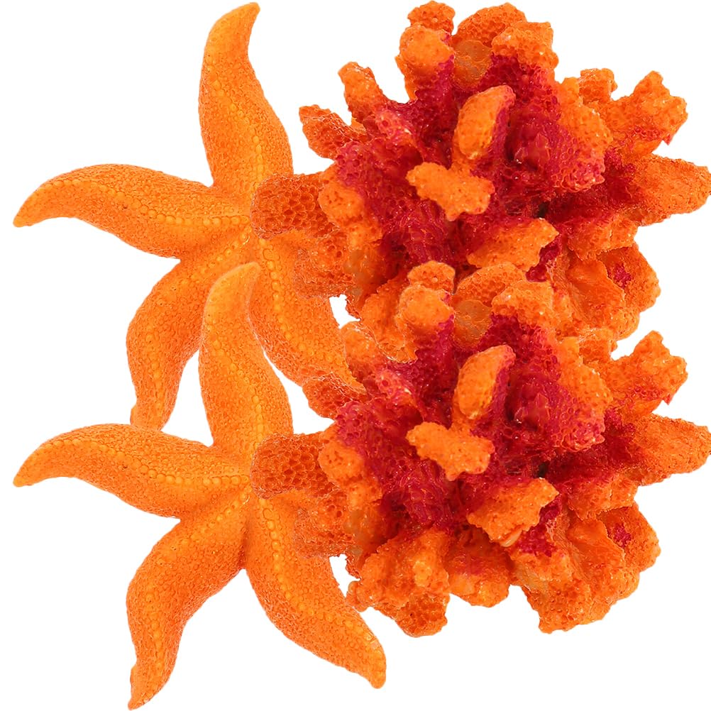 POPETPOP 4Pcs Aquarium Artificial Coral Ornament Resin Coral Reef Sea Star for Fish Tank Decoration, Orange