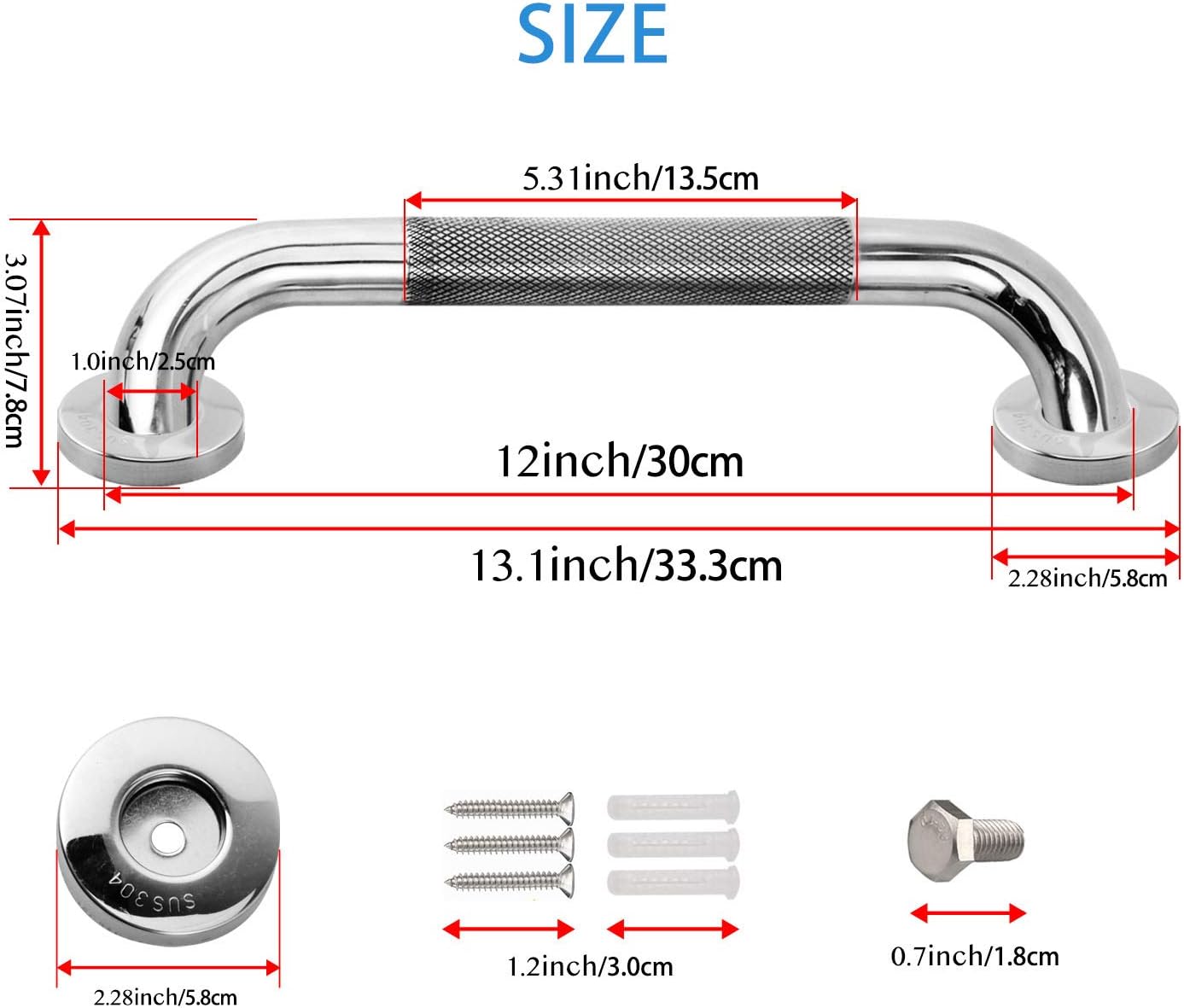 2 Pack Anti-Slip Bath Grab Bar Handle, Chrome Stainless Steel Bathroom Balance Bar Sturdy Shower Safety Hand Rail Support for Elderly, Handicapped, Pregnant Women, Child: Health & Personal Care