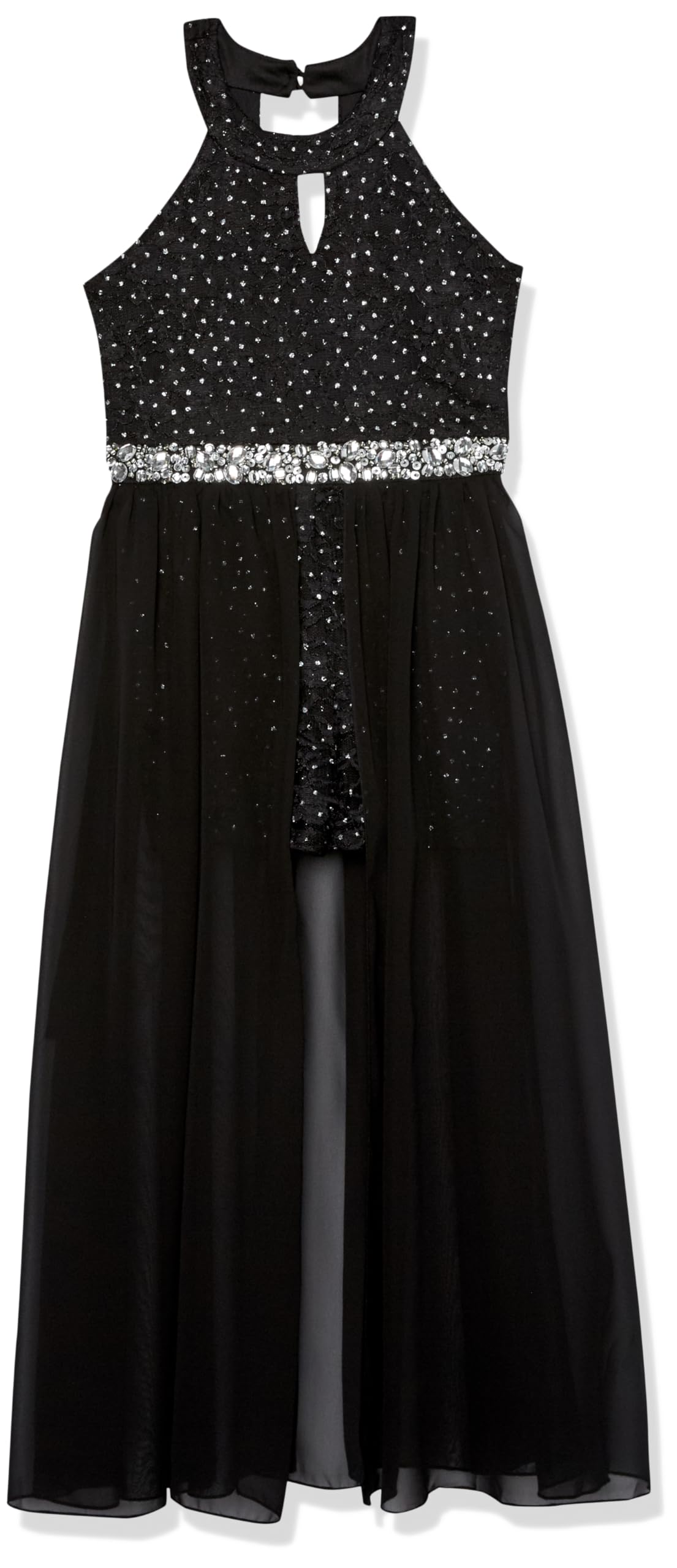 Speechless Girls' High Neck Romper Maxi Walk-Through Party Dress, Black/Silver, 14 Image