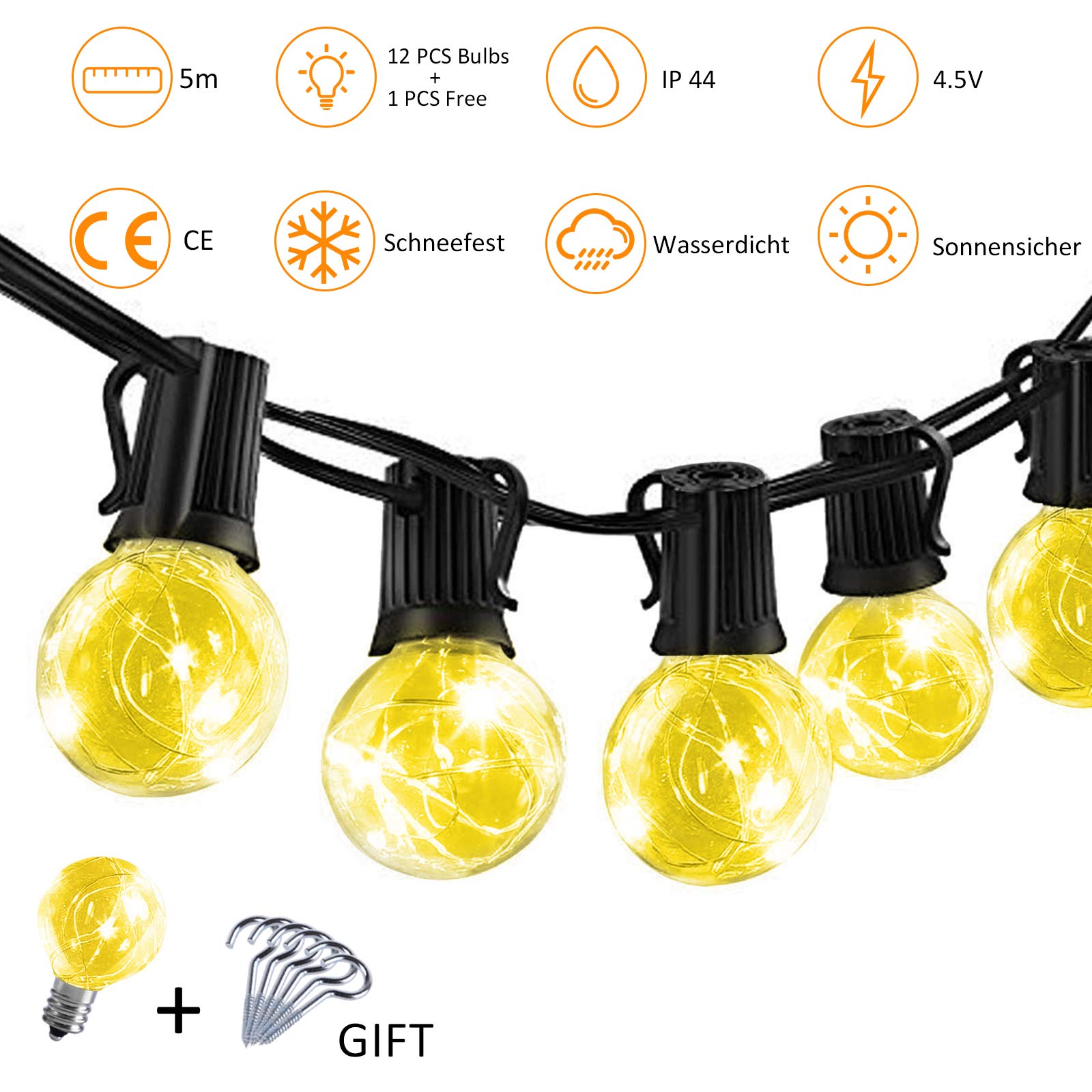 Lichterketten 5m mit 12 G40 LED Glühbirne Tomshine, IP44 Wasserdicht für Outdoor / Indoor, LED Retro Lampe, Dekolampe für Heimtextilien, Garten, Party, Hochzeit, Grill, Weihnachten, Feier, Zeremonie + 1Ersatzbirnen + 6Stk Haken [Energieklas