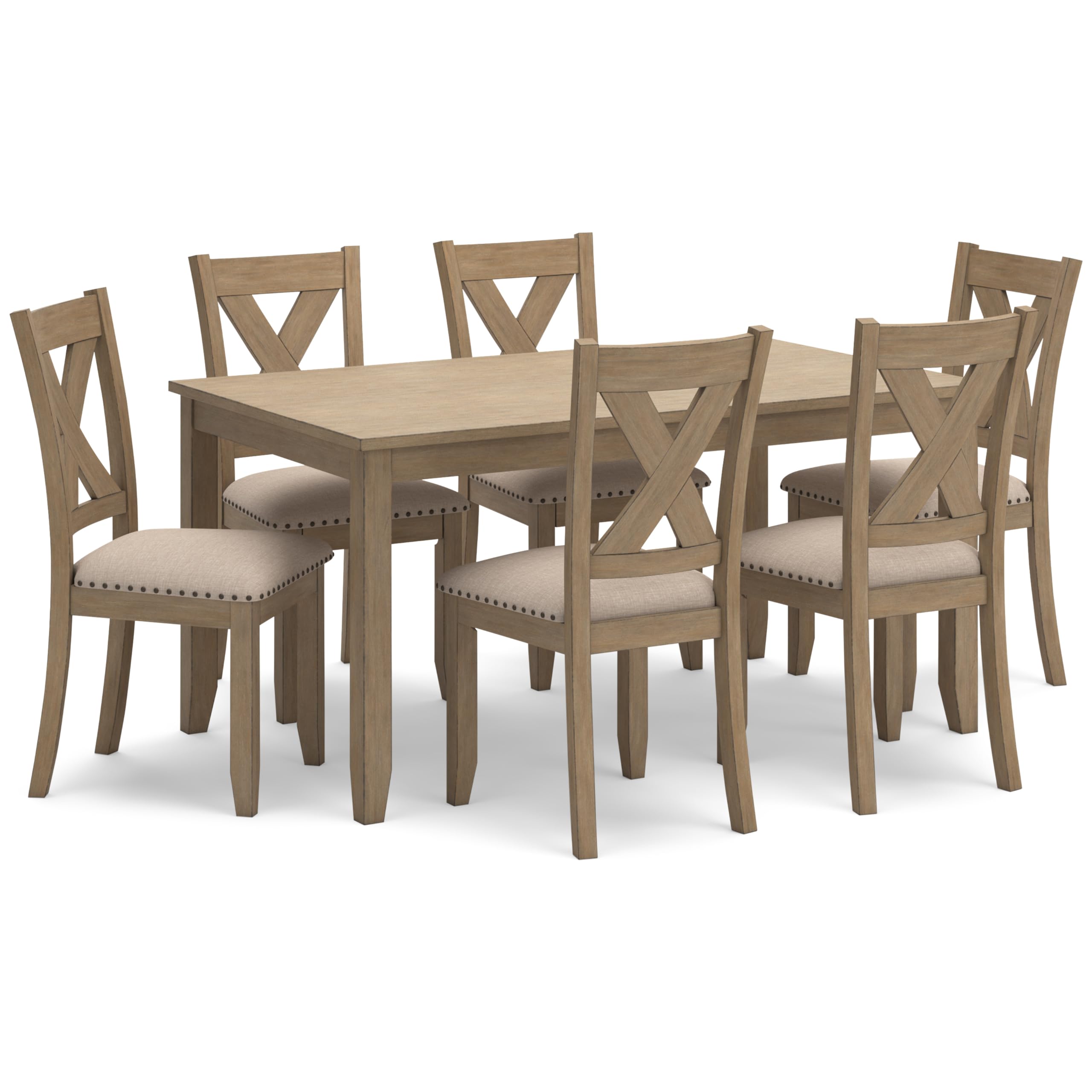 Photo 1 of Signature Design by Ashley Sanbriar Casual Dining Table and Upholstered Chairs with Nailhead Trim, Set of 7, Light Brown & Beige