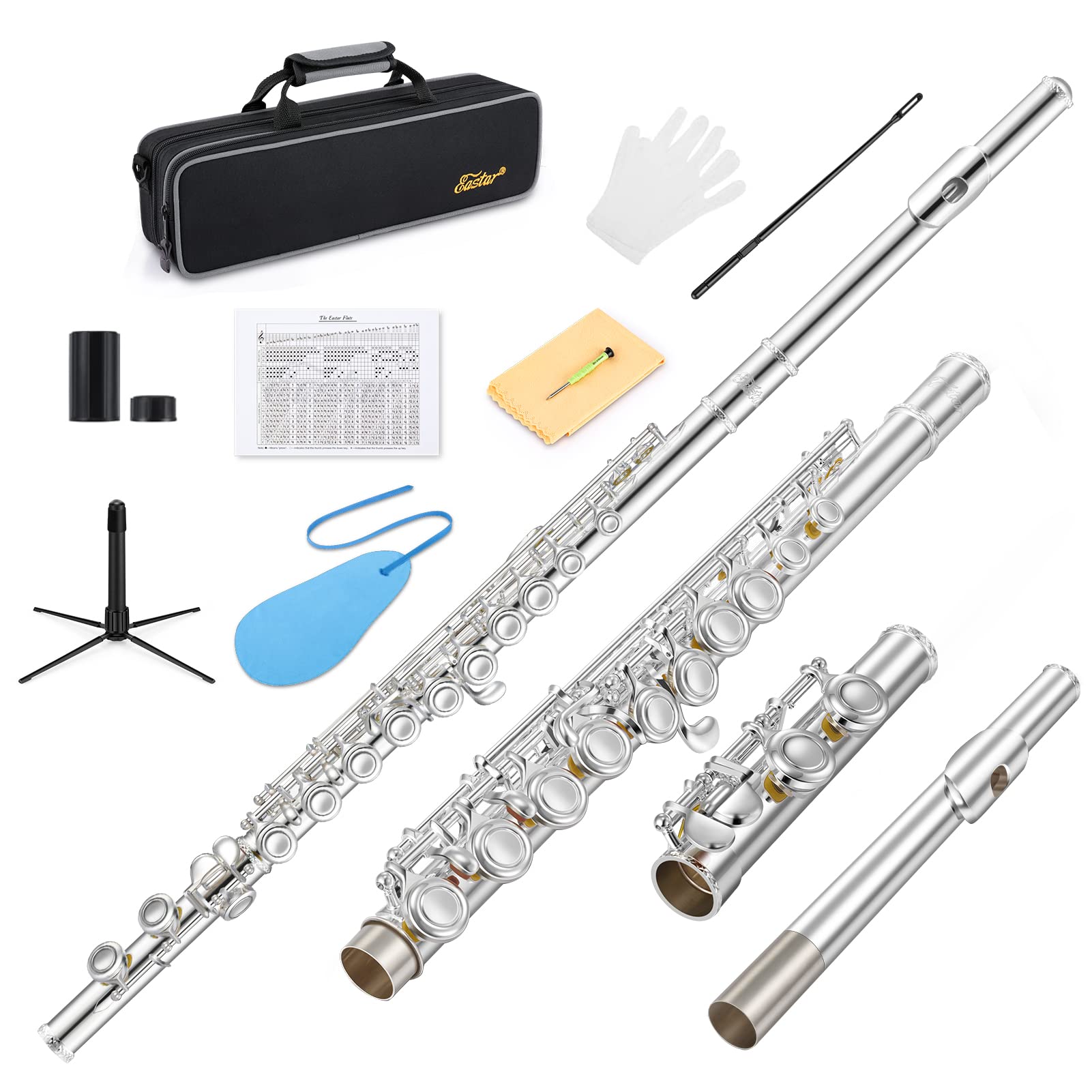 Photo 1 of Eastar Upgraded Closed Hole 16 Keys C Flute for Beginner Student, Instrument with Cleaning Kit, Stand, Case, Gloves, Tuning Rod, Fingering Chart, Silver Plated, EFL-1S
