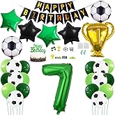 Daimay 29PCS Soccer Birthday Party Decoration Sports Theme Football Party Supplie Champion Trophy Foil Balloon 7th Happy Birthday Banner Green White Black Soccer Balloons Cake Topper for Soccer Fans
