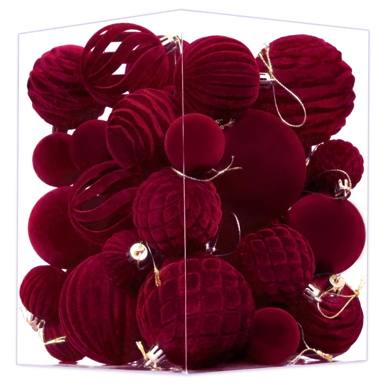 Photo 1 of Waipfaru 38Pcs Velvet Ornaments for Christmas Tree Wine Red Flocked Christmas Ornaments Shatterproof Hanging Ball Set for Xmas Winter Holiday Decorations in 3 Sizes(Large Medium Small)