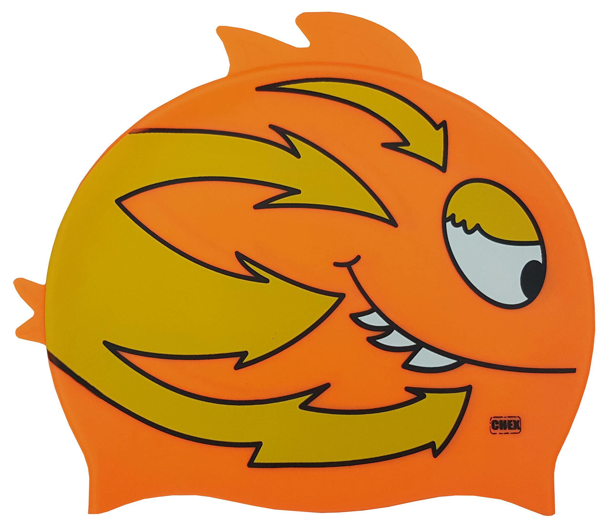 CHEX Stretchy Silicone Unisex Girls Boys 3-7 Years One Piece Swimming Hat Swim Cap Smiley Fish Double Fin Print Design One Size Pull On Swim Hat (Orange/Yellow)
