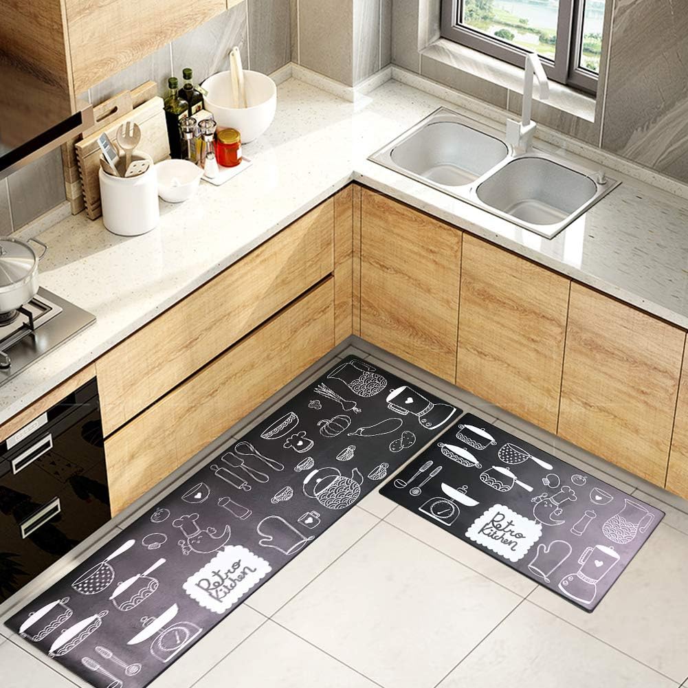 MOROTOLE Kitchen Mat Set, 2 Piece Non-Slip Waterproof Kitchen Rugs Bath Mat Doormat Oil Proof Area Rug Anti Fatigue Kitchen Floor Mat 17"x29"+17"x47"