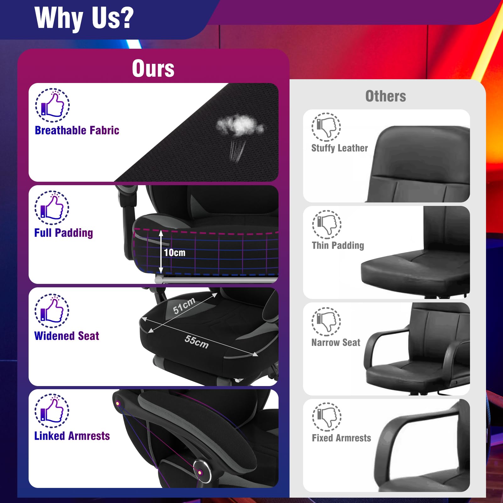 WOLTU Gaming Stuhl Stoff Stoff Kühl im Sommer Ergonomischer, 150 kg Belastbarkeit Verstellbarer Rückenlehne, Ergonomische Lendenstütze, Fußstütze, Büro- & Game-Sessel, Schwarz+Grau 7