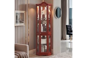 Eyisean Lighted Corner Curio Cabinet 70.5" Tall Wooden China Cabinet with Tempered Glass Doors, Freestanding Glass Display Case Wine Cabinet Storage Rack for Bar and Liquor Storage (Cherry)