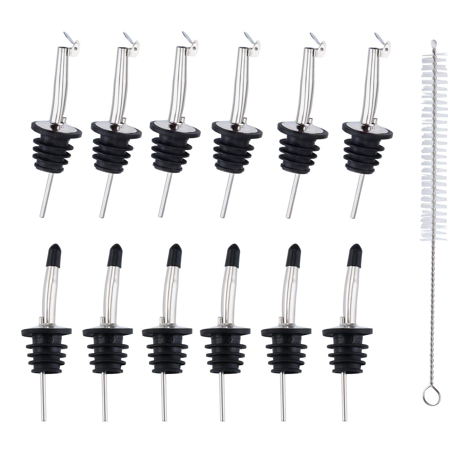 12 Pack Stainless Steel Classic Bottle Pourers Set, Liquor Pourers with Caps, Tapered Spout with Rubber Dust Caps and 1 Free Cleaning Tube Brush Oil Bottle Pourer