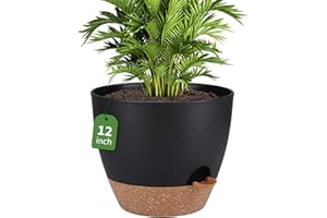 Idealife 12inch Plant Pots, Flower Pots with Mesh Drainage Holes and Deep Reservoir, Planters for Indoor Plants, Self Watering Plant Pot for Indoor Outdoor Garden Plants and Flowers, Black Brown