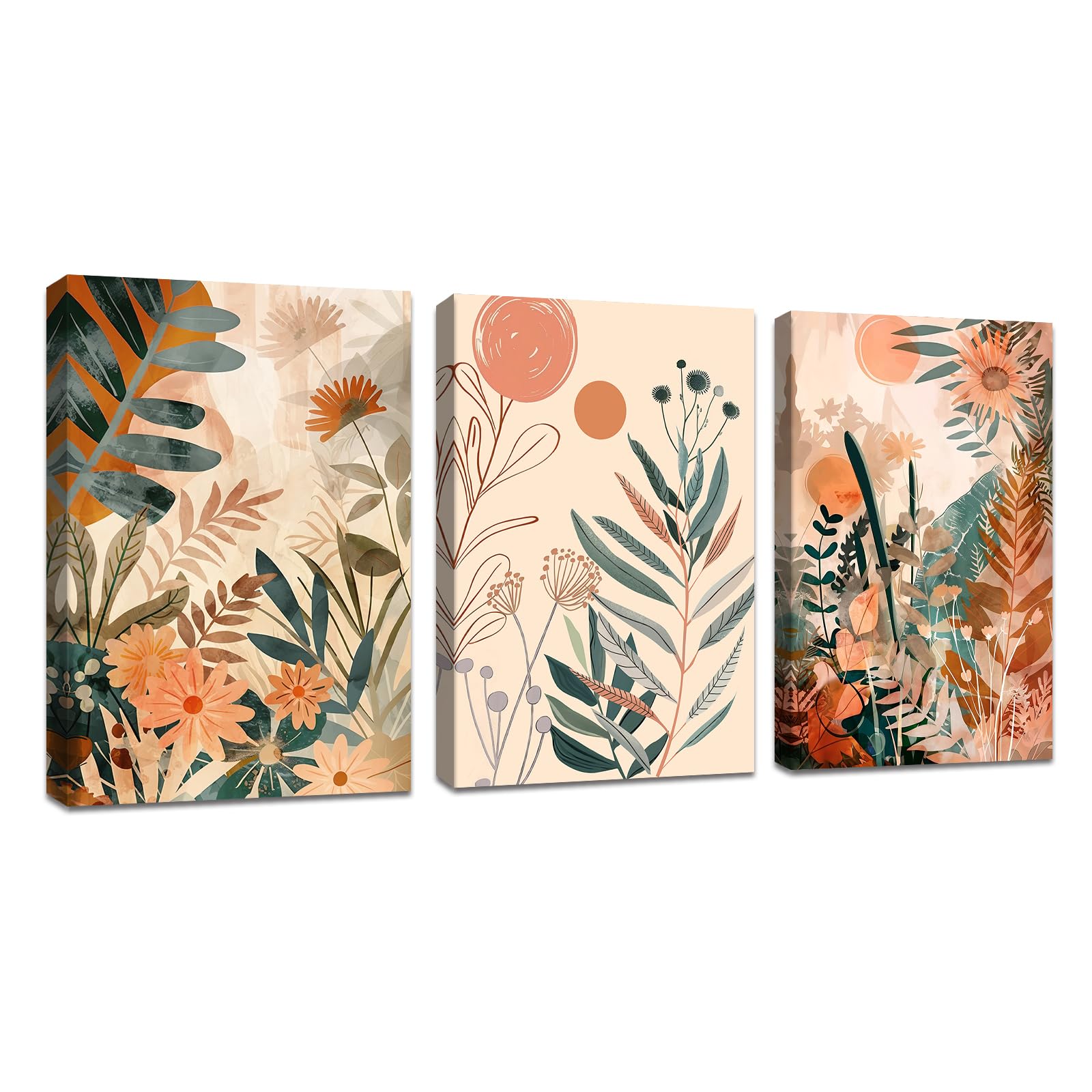 FajerminArt 3Pcs Boho Orange Framed Canvas Wall Art, Abstract Leaves and Sun Nordic Minimalist Modern Plant Flower Wall Decor, Mid-Century Canvas Painting for Bedroom Living Room Office 30x40cmx3 Pcs