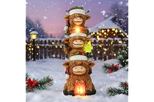 twinbling Christmas Highland Cow Decor with Solar Light Triple Highland Cow Christmas Decorations Gifts for Women Mom Funny Highland Cows Garden Statues for Garden Patio Lawn Yard Decor