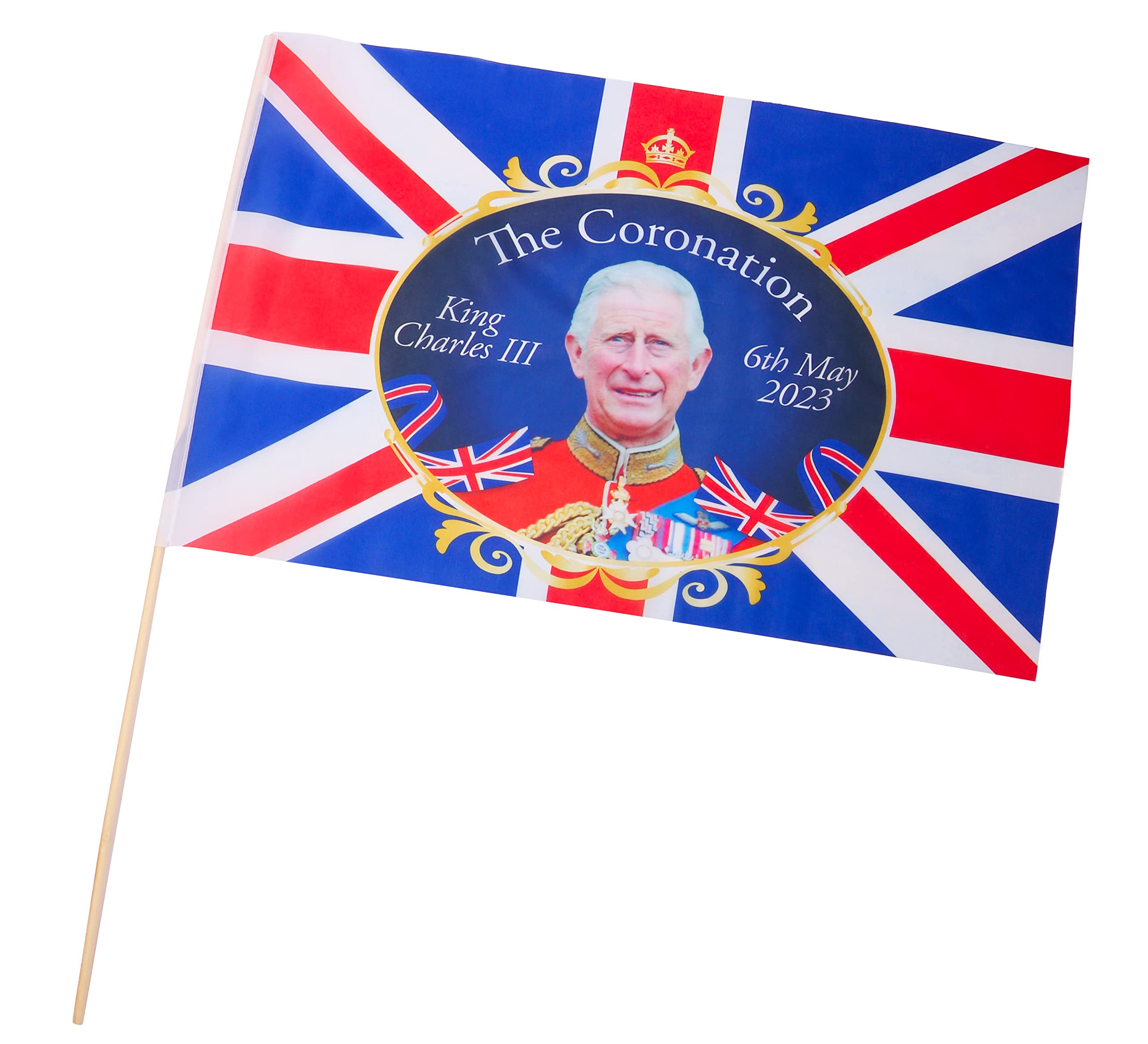 Toyland® 2ft x 1.3ft (61cm x 41cm) King Charles III Union Jack Coronation Souvenir Flag On Stick - British Decorations - Street Parties