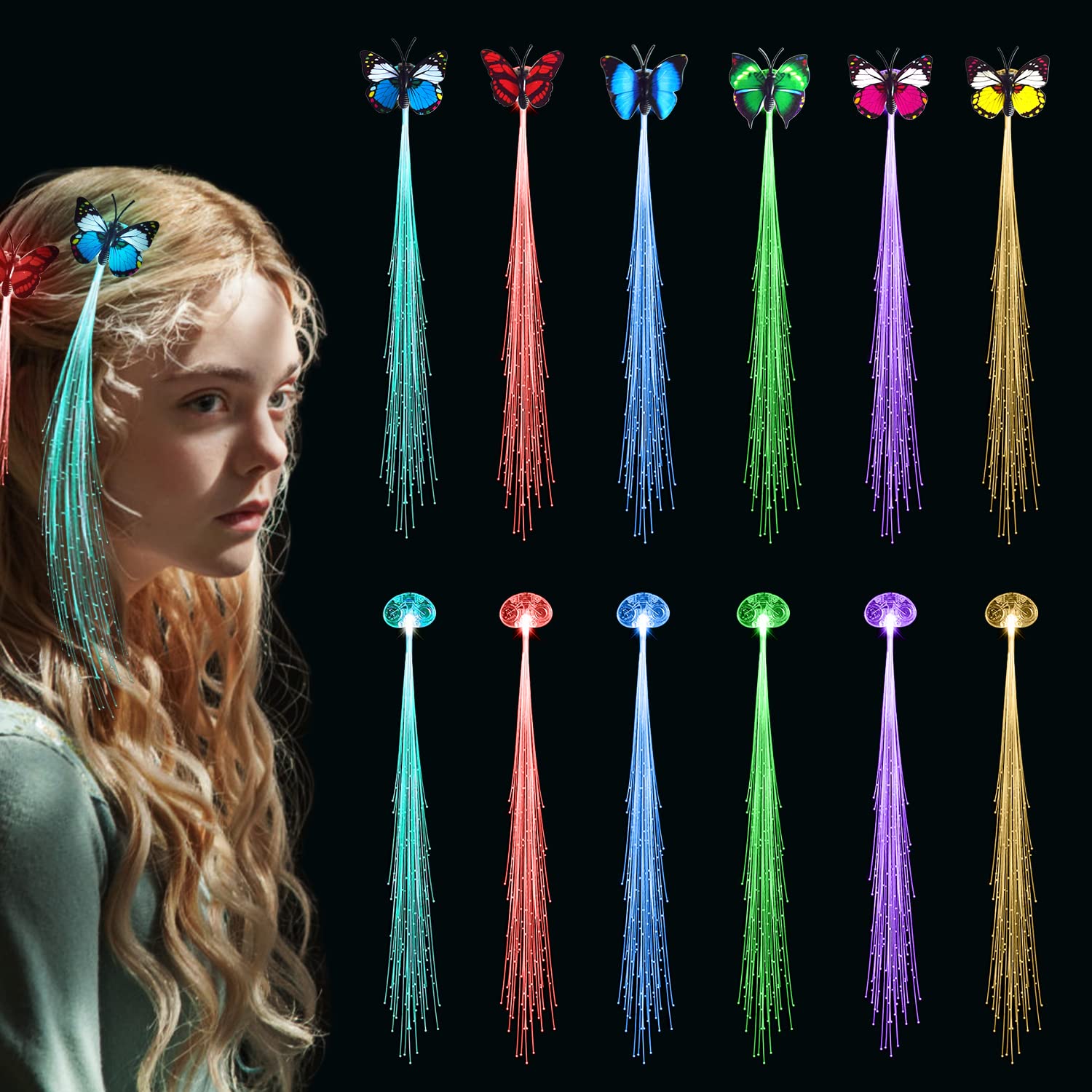 Photo 1 of 12PCS LED Hair Light Clip,URSMART 6PCS LED Lights Hair and 6PCS Butterfly Led Hair Accessorie for Women,Bar Dancing led hair Hairpin,Glow Party Christmas Hair Accessories(Slow Light&Flash Light)