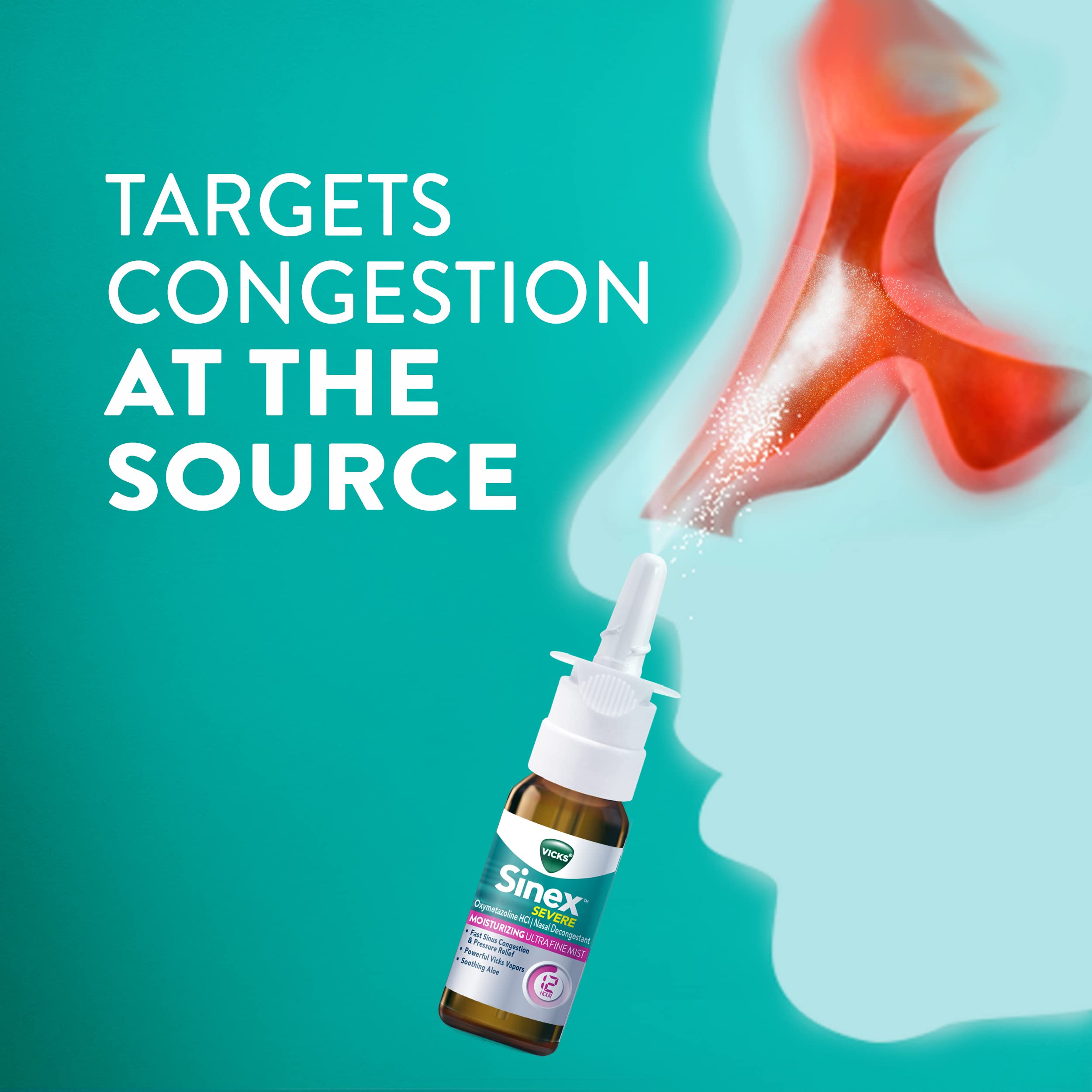 Vicks Sinex Severe Nasal Spray with Moisturizing Ultra Fine Mist, Decongestant for Stuffy Nose Relief from Cold, Allergy, Sinus Pressure - 265 Sprays