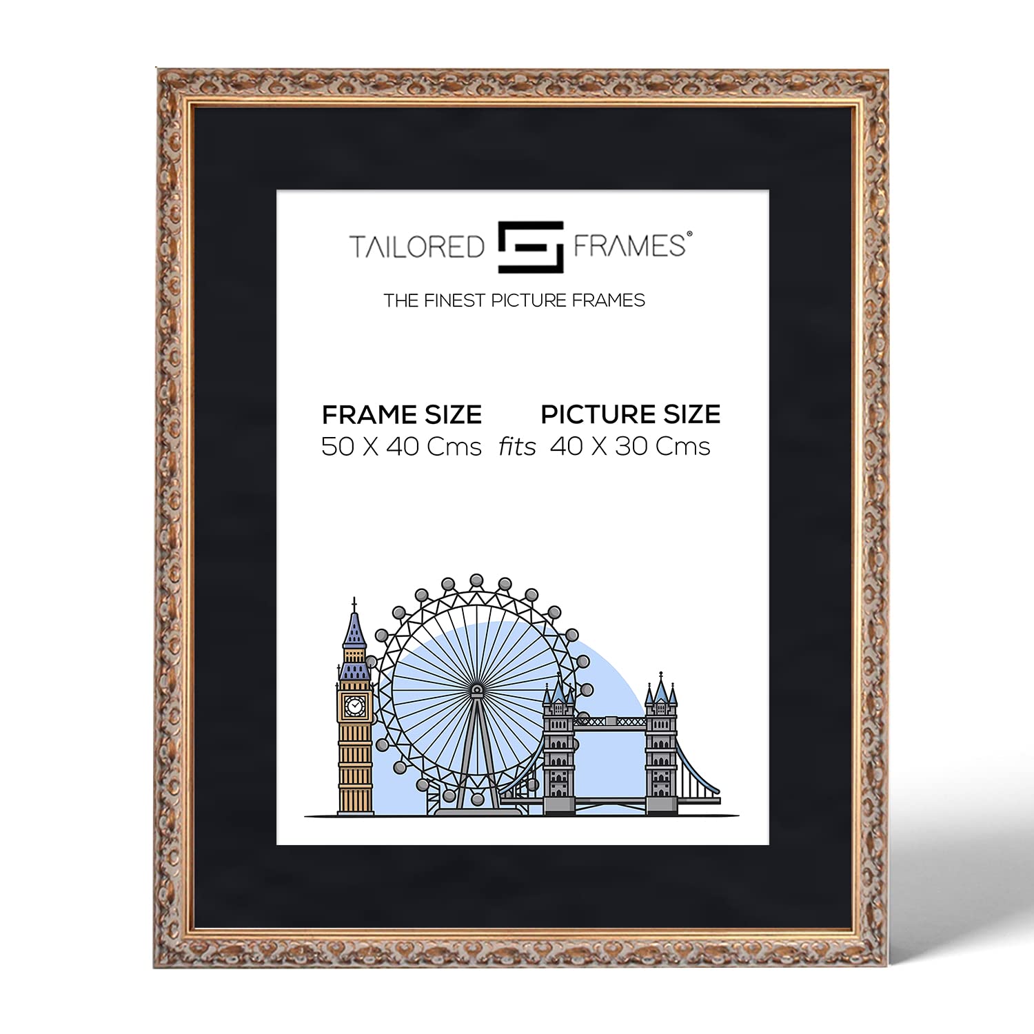 Tailored Frames Vienna Gold 50 x 40 Cm Frame for 40 x 30 Cm Picture | Rustic Style Vintage Single Picture Frame | Wall Hanging Type | Photo Frame with Black Mount