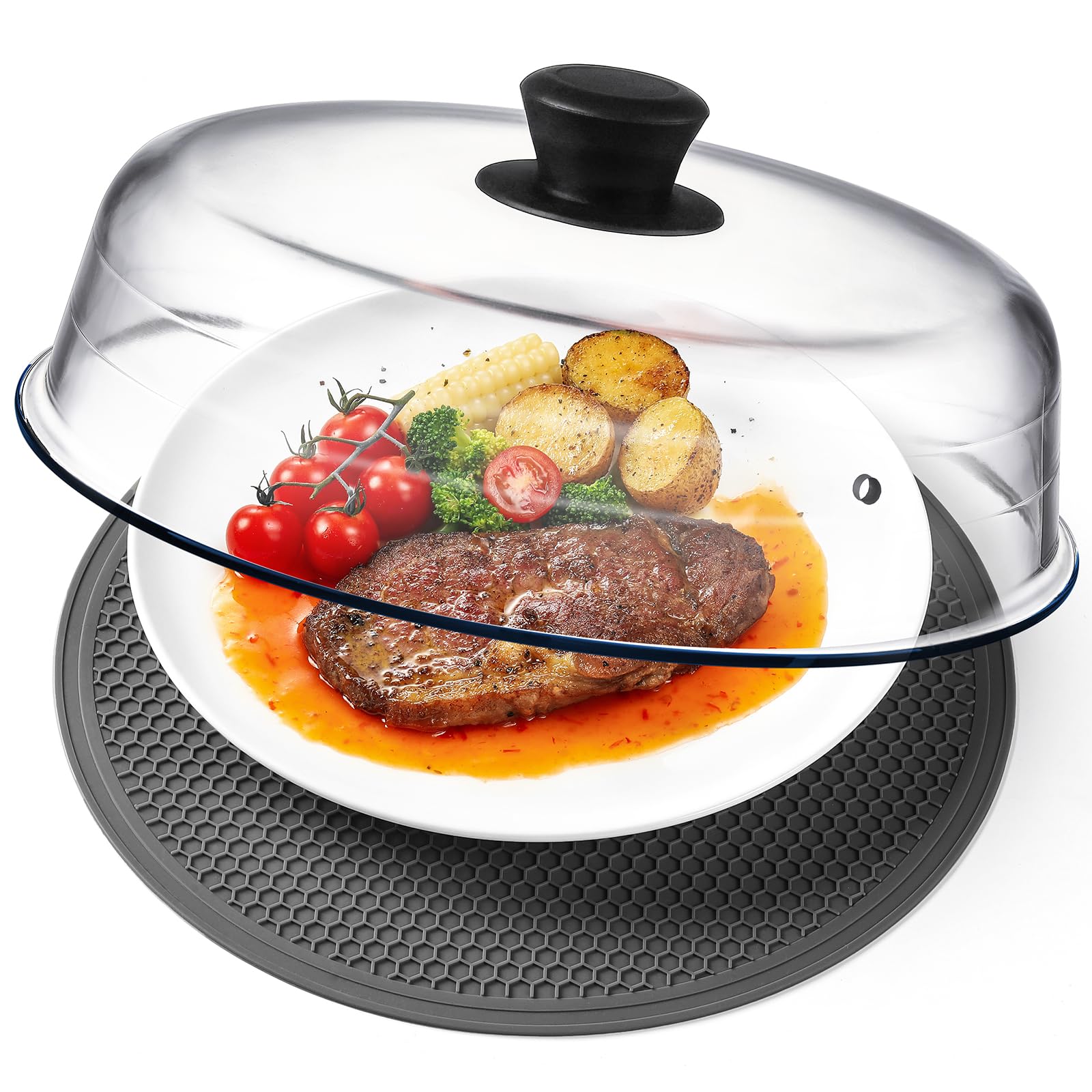 Photo 1 of 2 in 1, Glass Microwave Splatter Cover for Food & Microwave Place Mat, Plate Splatter Guard Lid with Easy Grip Silicone Handle Knob, Borosilicate Glass with Vent Hole, Food Grade, No Plastic, 10in