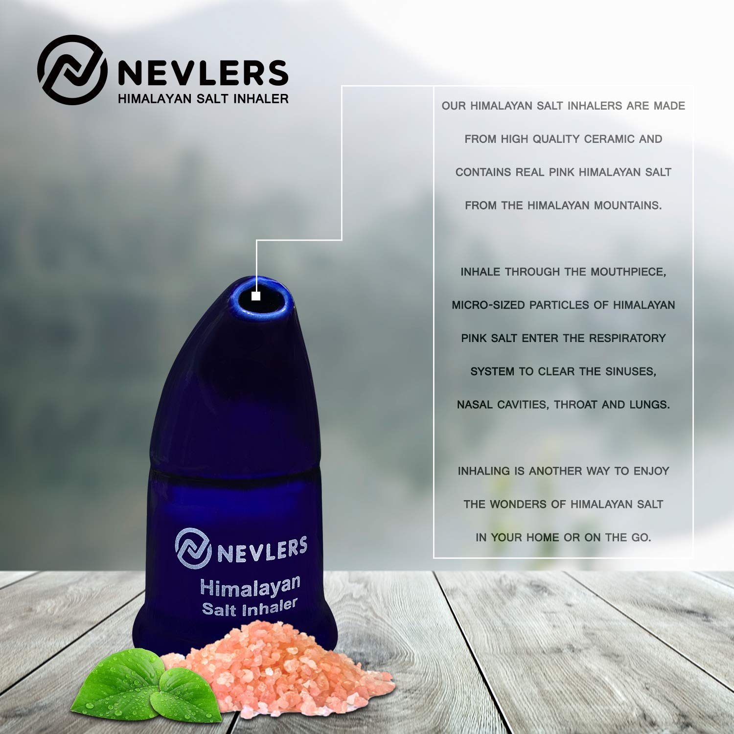 Nevlers Navy Blue Himalayan Salt Inhaler w/ 6 Oz Coarse Pink Himalayan Sea Salt | Ceramic Portable Himalayan Pink Salt Inhaler for Lungs & Nose | Homeopathic Natural Asthma Relief Smelling Salts