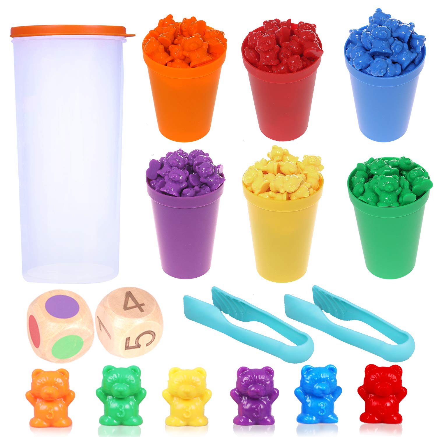 camelize Bear Counters, Montessori Maths Toy, Colourful Rainbow Bear Counting Game With Matching Cups, Dice and Tweezers, Educational Games for Perfect Maths Skills, 71 Pieces