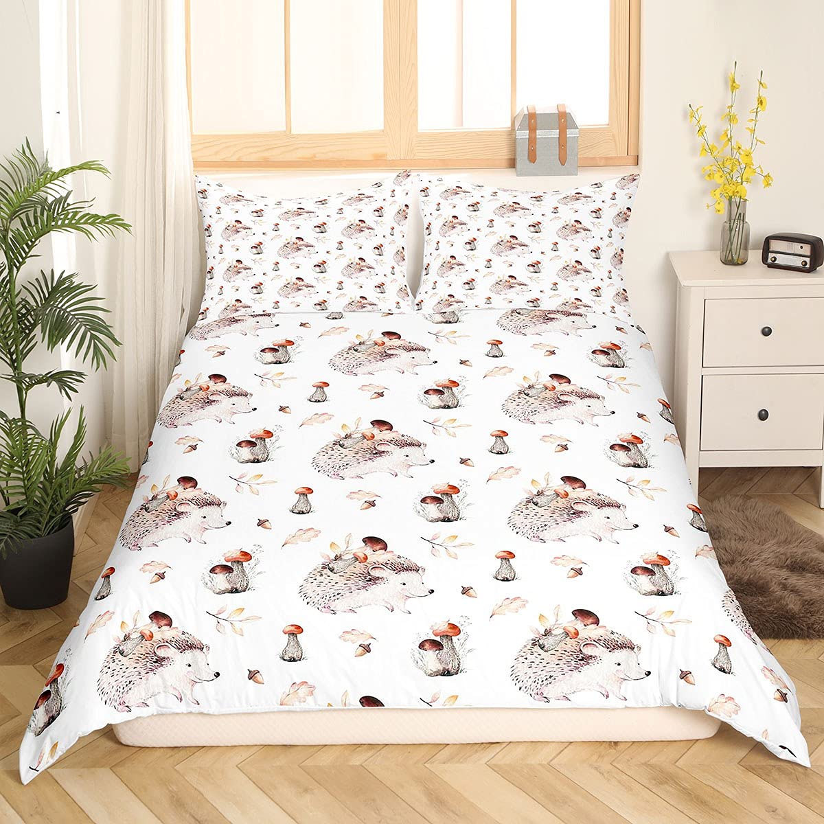 Kids Hedgehog Bedding Set Kawaii Hedgehogs Mushroom Comforter Cover Set for Boys Girls Cartoon Wild Animal Duvet Cover Nature Bedding & Linen Bedding & Linen King Size
