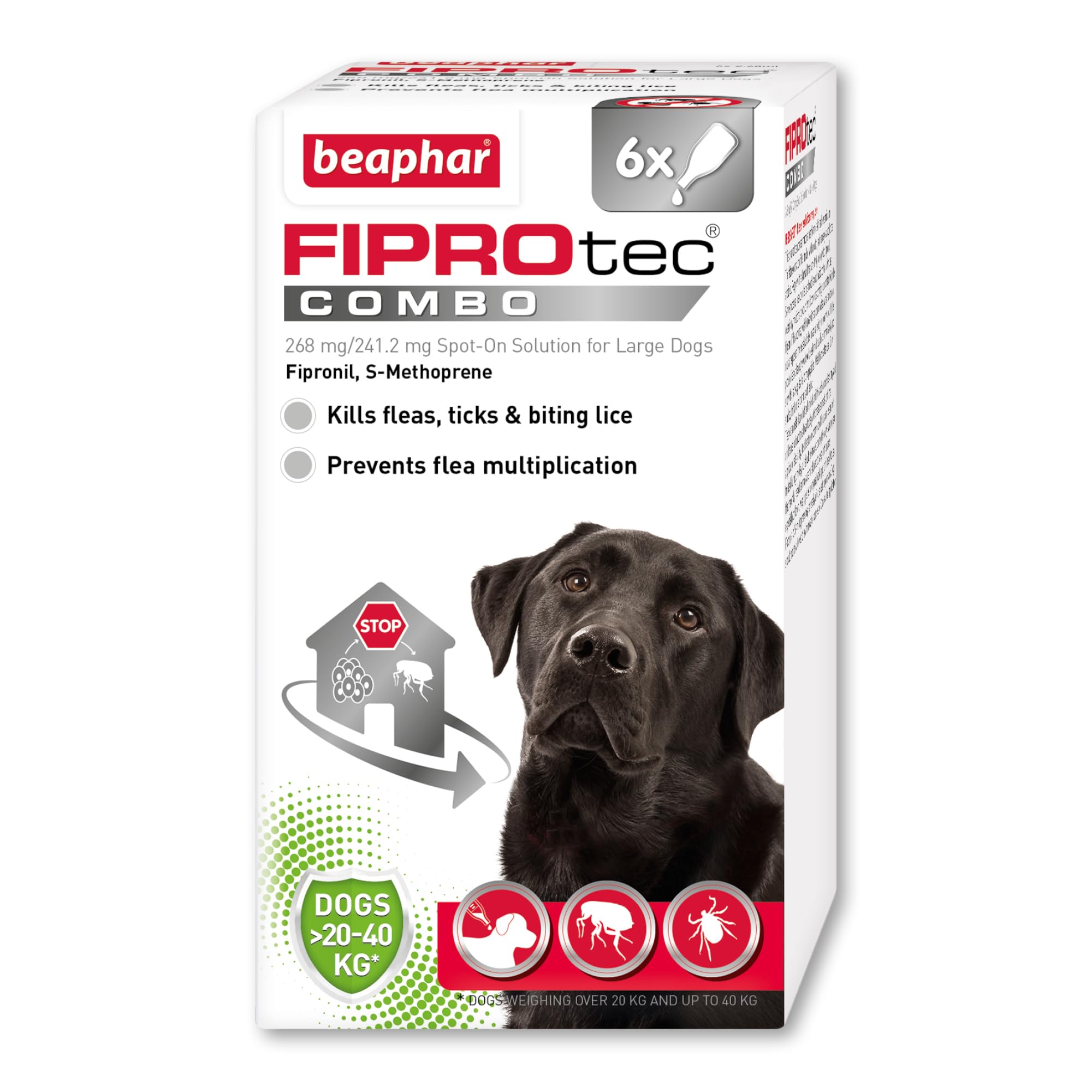 Beaphar - FIPROtec® COMBO for Large Dogs (20-40kg) - 6 pipettes - Kills Fleas, Flea Eggs, Flea Larvae & Ticks - Stops Fleas Multiplying on Pet and in Home - Vet Strength Dog Flea Treatment