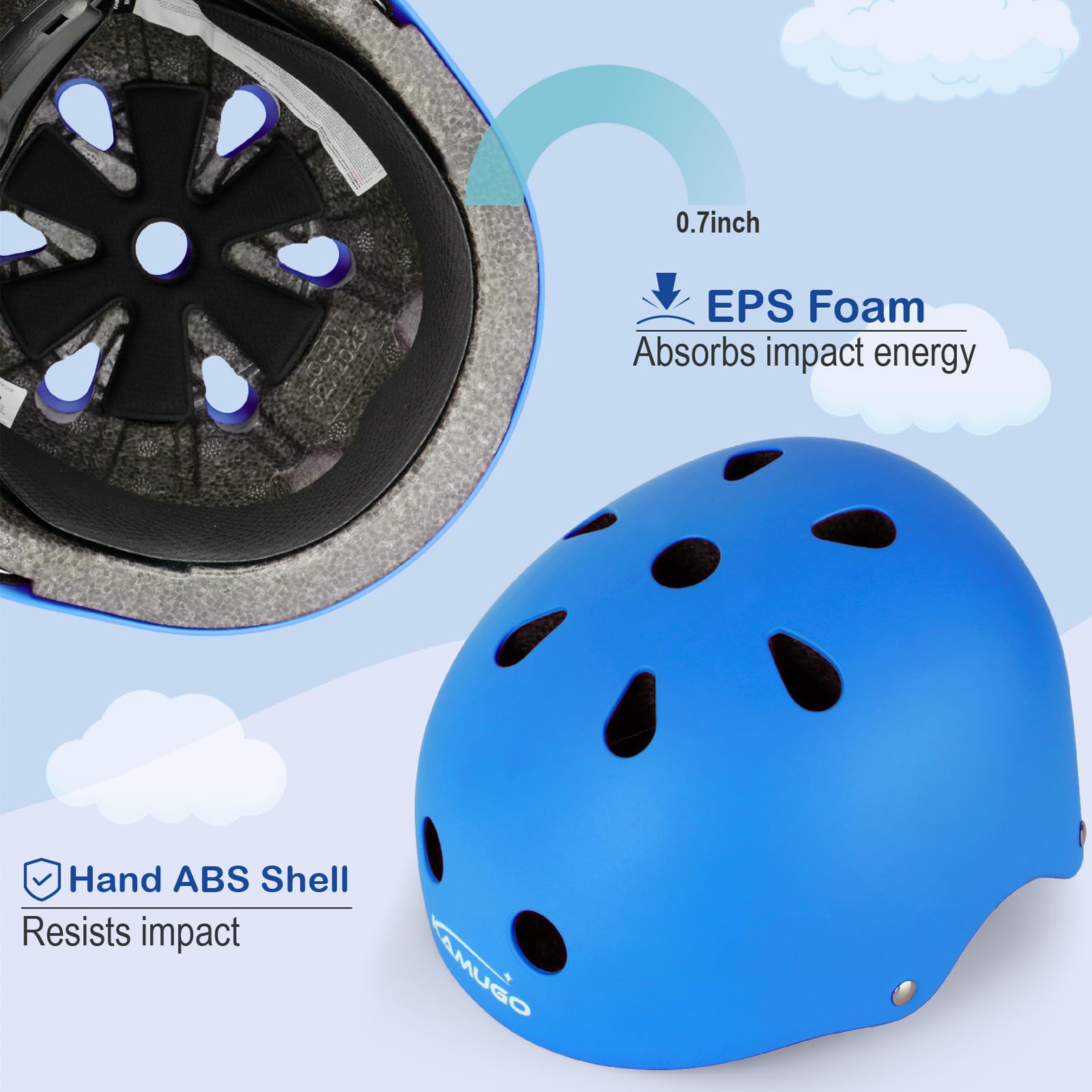 KAMUGO Kinderfahrradhelm, Helm für Kinder von 2 bis 8 Jahren, mit Sportschutzausrüstung, Kniepolstern, Ellenbogenpolstern und Handgelenkpolstern für Roller, Radfahren, Scooter(Blau) 3