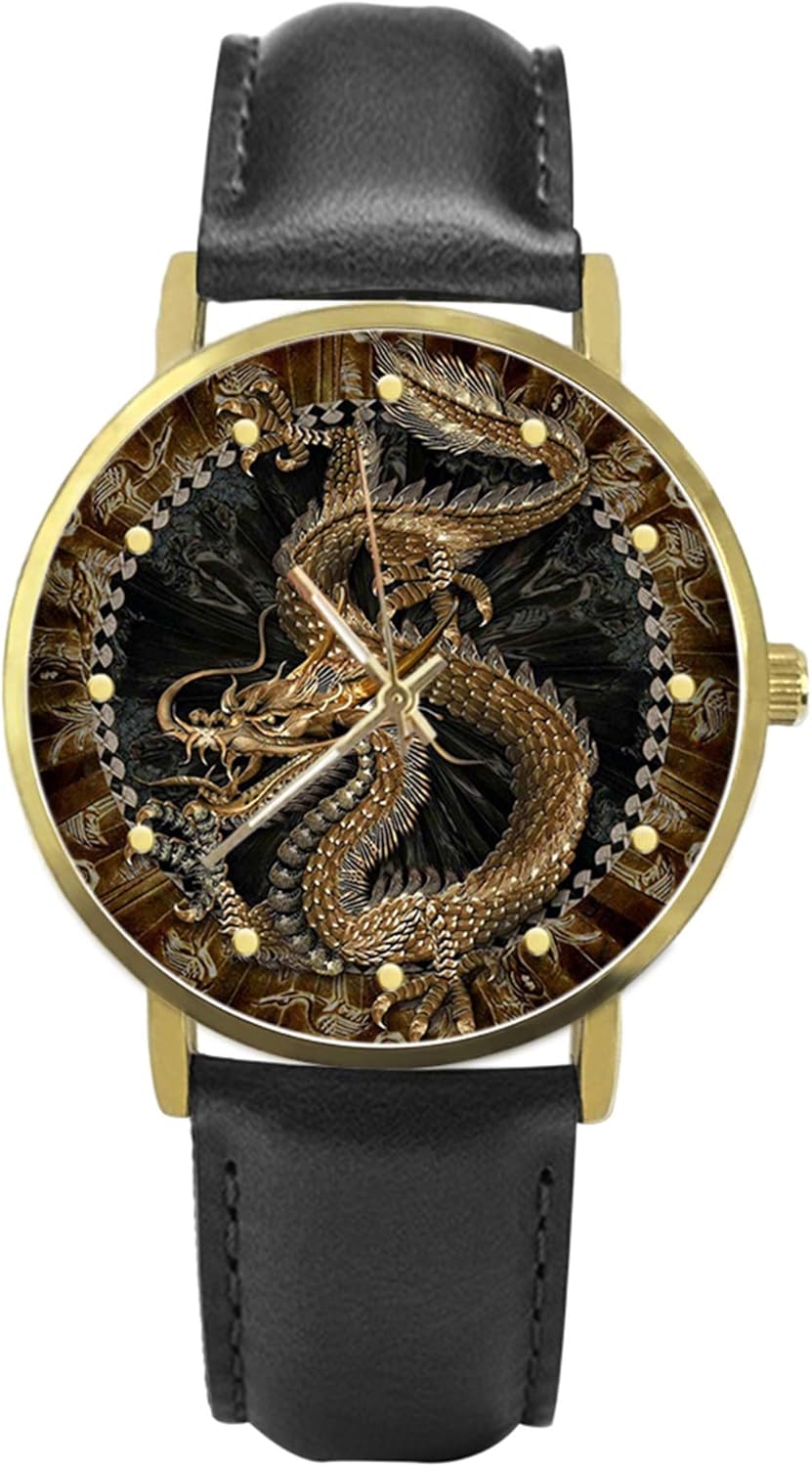 Personalized Graphic Photo Image Custom Watch Casual Black Leather Strap Wrist Unisex Watches for Men Women,TIME Scale Bulge Handmade Watch (Dragons)
