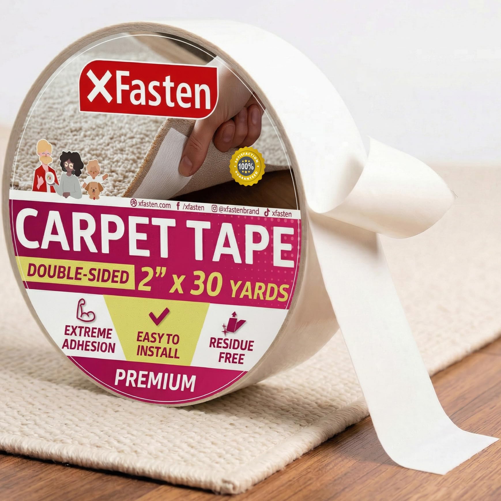 XFasten Double Sided Carpet Tape for Area Rugs, Residue-Free, 2-Inch x 30 Yards; Wood Safe 2 Faced Rug Tape for Carpet to Floor and Rug to Carpet Applications