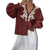 Women's Embroidered Puff Sleeve Blouse, Vintage Floral Boho V-Neck Button Down Shirts with Smocked Cuffs