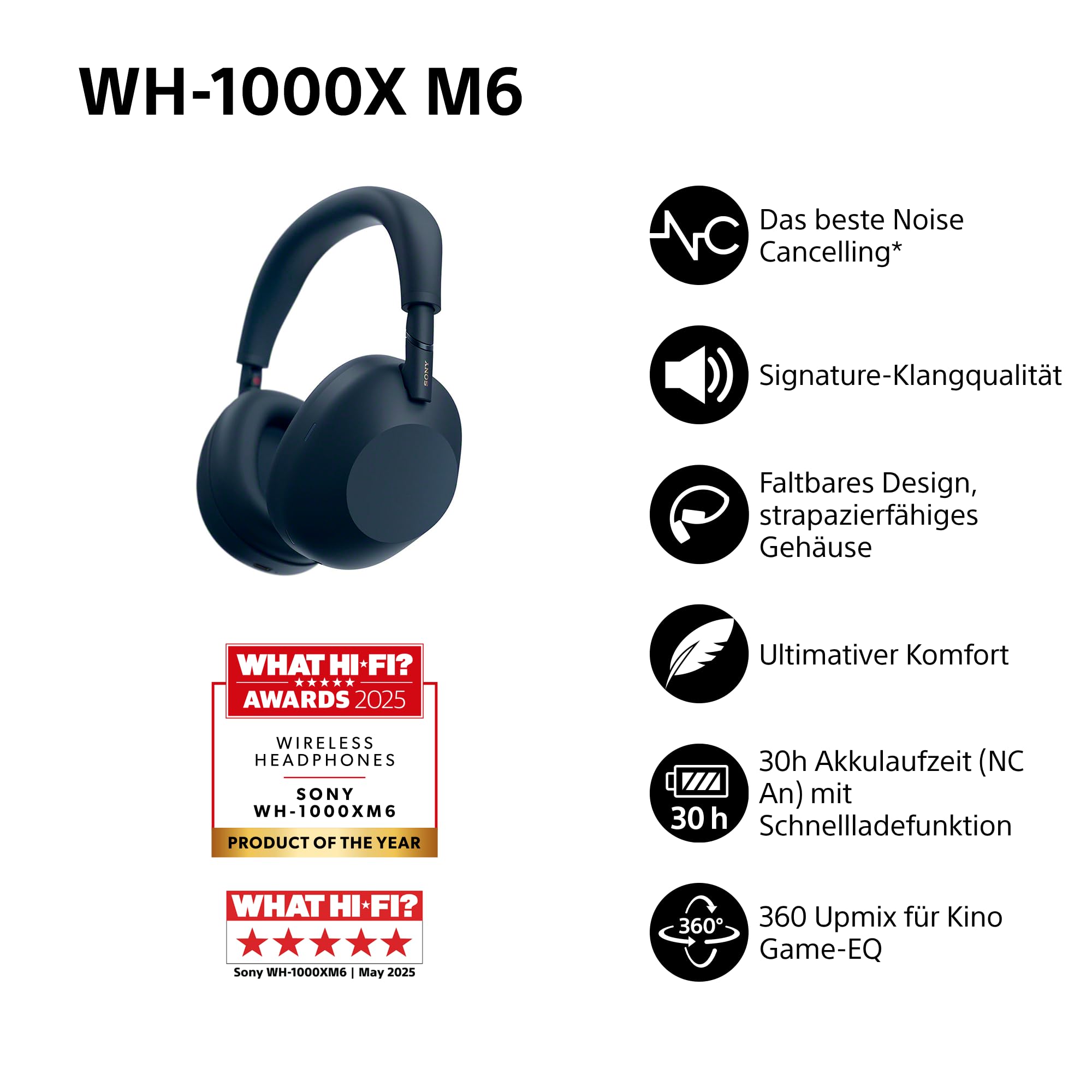 SONY WH-1000XM6 kabellose Noise Cancelling-Kopfhörer, Signature Hi-Res Sound, Bluetooth-Kopfhörer, Komfort, faltbares Design, magnetische Tragetasche, 30 Std.-Akku NC An, iOS & Android - Midnight Blue 2