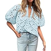 BTFBM Womens Blouses Summer Hollow Out Eyelet Embroidery Tops V Neck Buttons Puff Sleeve Boho Shirts Spring Fashion 2026