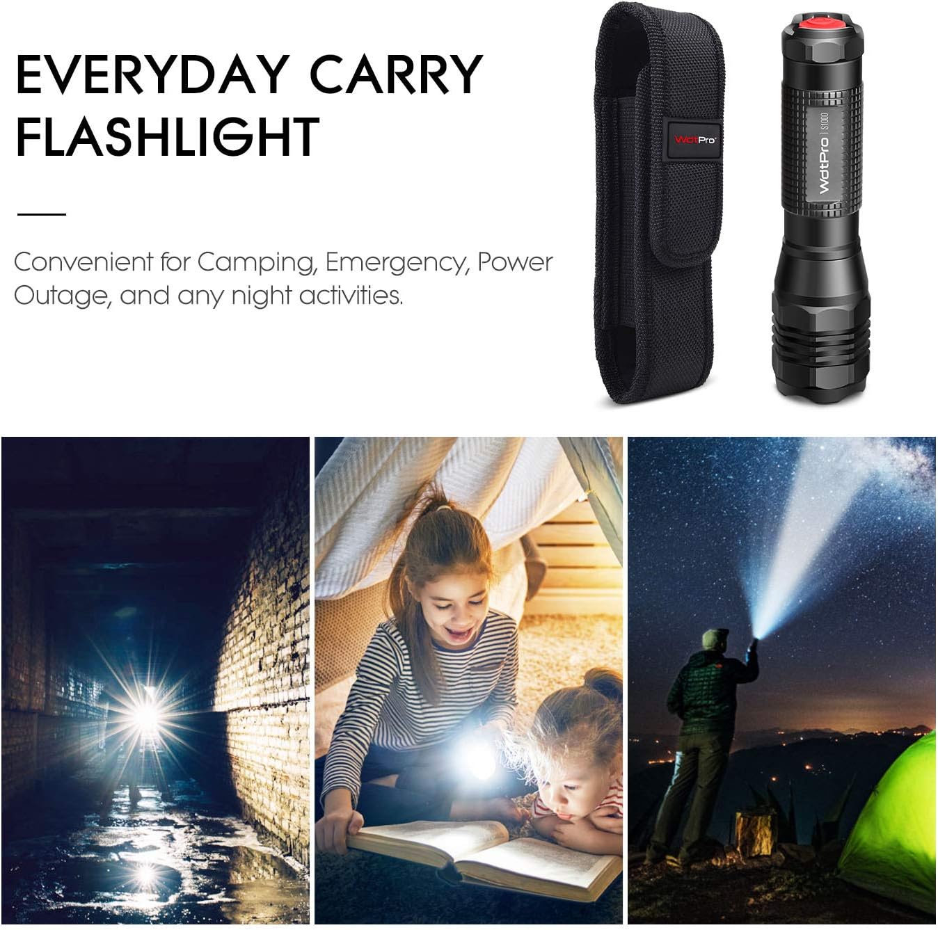 WdtPro LED Tactical Flashlight S1000 Upgraded - High Lumen, 3 Modes, Zoomable, Water Resistant, Flash Light - Ultra Portable Flashlights with Premium Holster for Camping, Gift, Emergency - - 