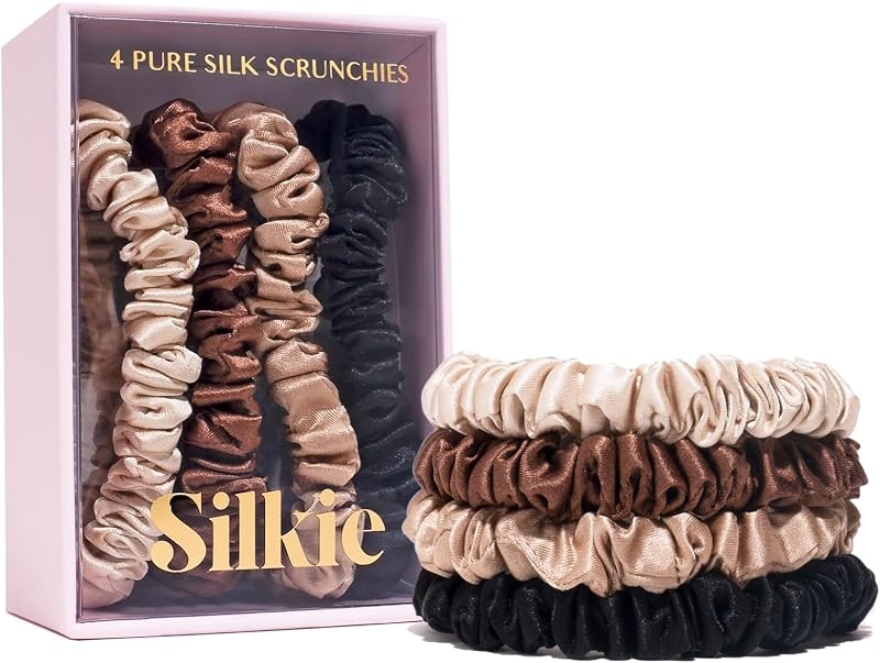 Silkie x4 Pure Mulberry Silk Skinny Scrunchies Set with Travel Pouch Hair Ties