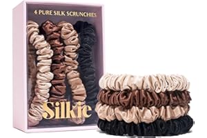 SILKIE x4 Set - Forget Satin - 100% Pure Mulberry Silk Black Brown Skinny Scrunchies Travel Pouch Everyday Hair Ties Elastics