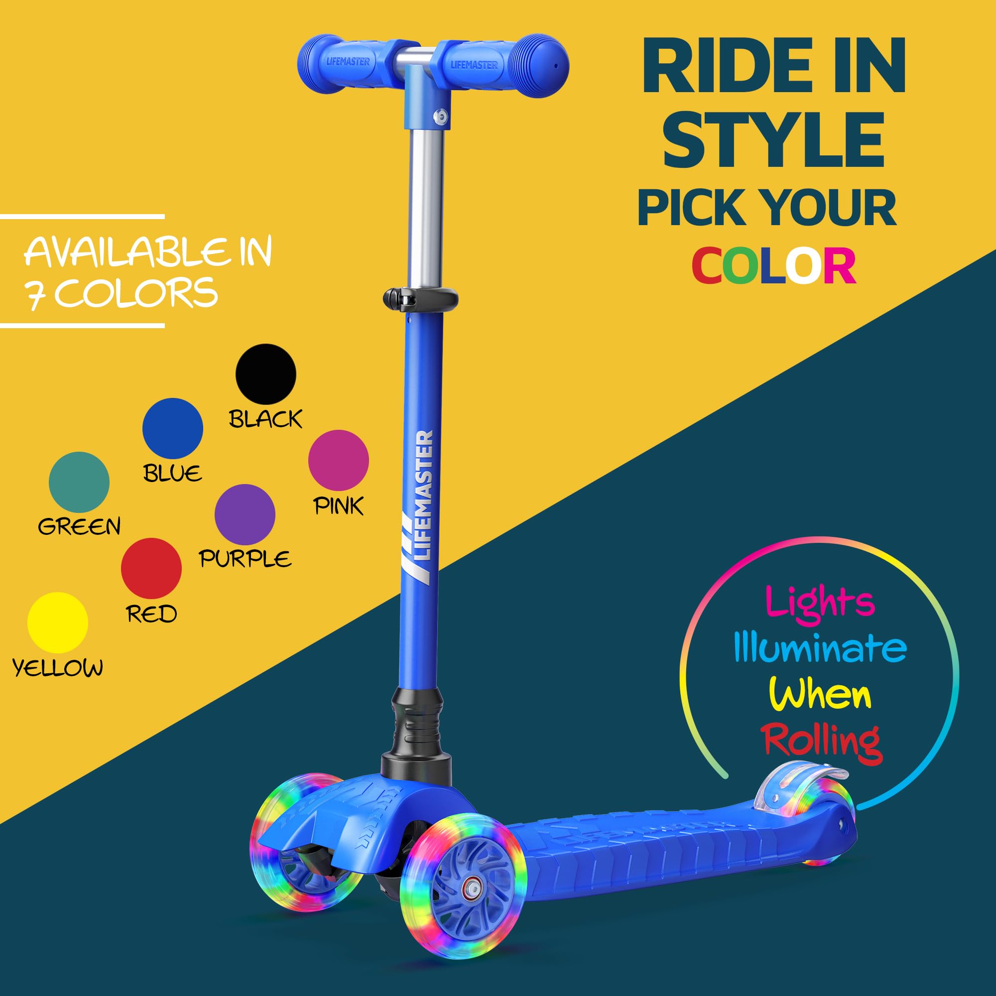 Lifemaster Mini 3-Wheel Kids Scooter with Multi-Color Wheel Lights – 4-Height Adjustable Handlebar, Wide Anti-Slip Deck, Child Safety Certified, Boys & Girls Ages 2+ Supports Up to 110 lbs