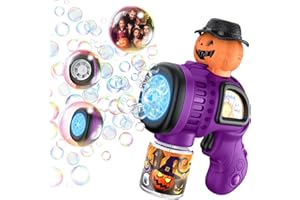 Fansteck Halloween Bubble Gun for Kids, 10 Holes Pumpkin Bubble Blaster for Toddlers, Automatic Bubble Machine Guns with LED Lights, Bubble Blower for Halloween, Party Favor Gift, Outdoor Toys