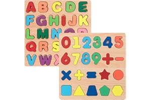 WINBAR Wooden Puzzles for Toddlers, 2pack Alphabet Shape Puzzles for Kids Wooden Montessori Toddler Puzzles Wooden Alphabet Number Shape Puzzles for Kids 3 Years Old Boys & Girls