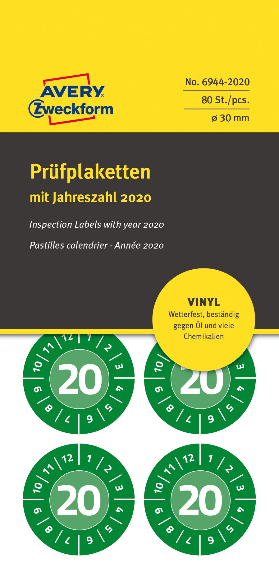 AVERY Zweckform 6944-2020 Resistant Year Test Badges 2020 (Strong Self-Adhesive, Small Size, Diameter 30 mm, 80 Stickers on 10 Sheets) Green