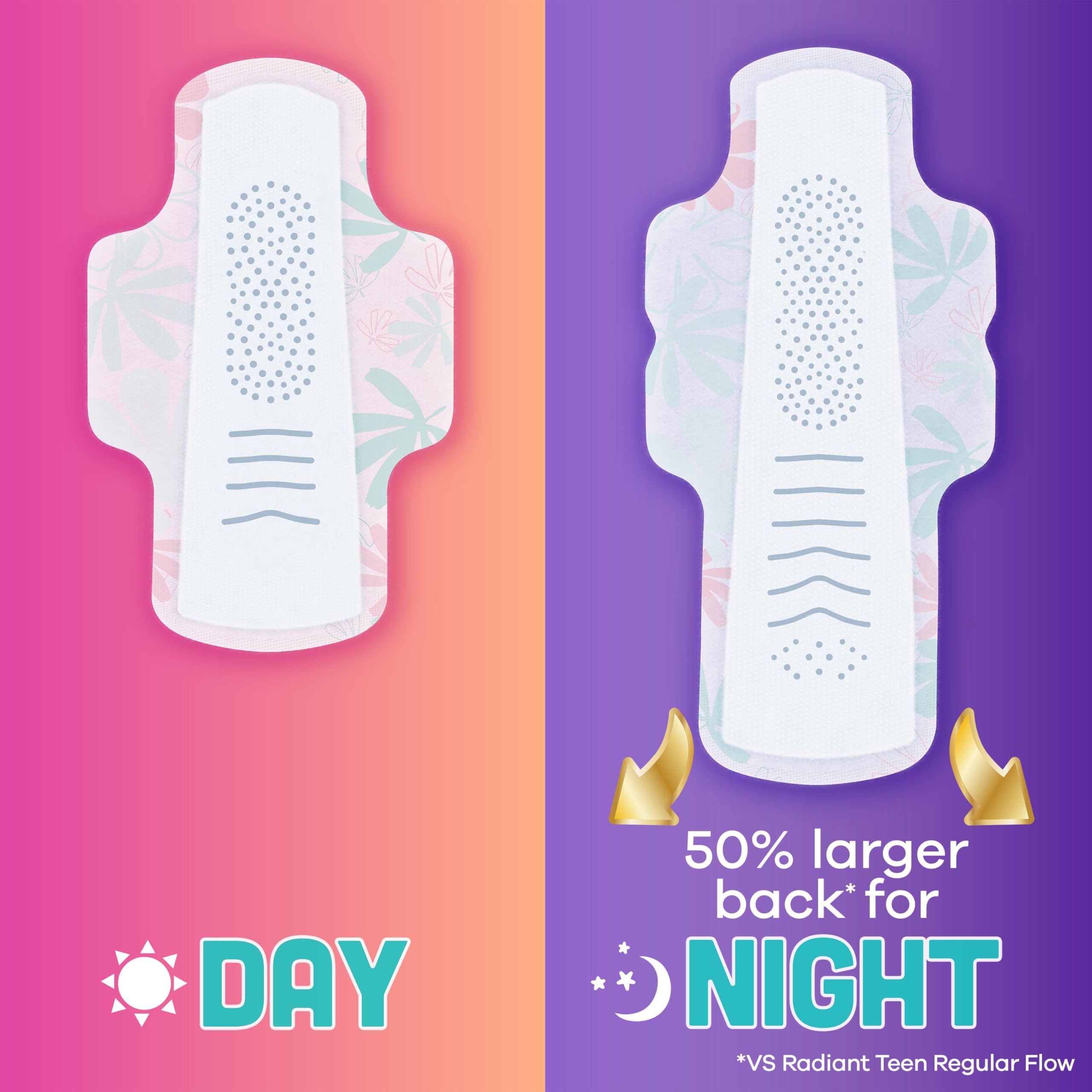 Always Radiant Teen Pads, Size 4, Overnight, with Wings, Unscented, 18 Count