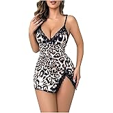 SOLY HUX Women's Leopard Lace Nightgown Cheetah Print V Neck Split Cami Dress Nightdress Sleepwear