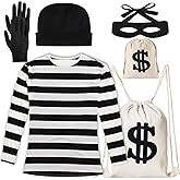 FIOEOZ Robber Costume Set Halloween, Includes T-shirt Beanie Cap Money Bag Eye Mask Gloves for Adult Cosplay Theme Party