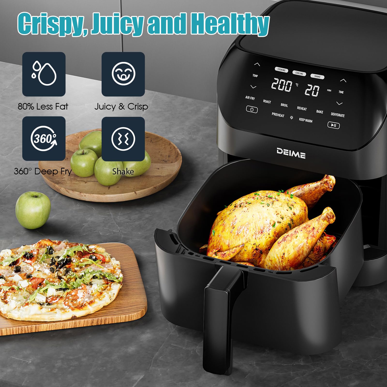 Freidora de aire 6.2 QT Freidoras de aire caliente sin aceite de gran capacidad Horno 1500 W Cocina saludable con 8 preajustes, pantalla táctil LCD digital, ventana de cocción visual, cesta antiadherente, receta incluida (Negro-M)