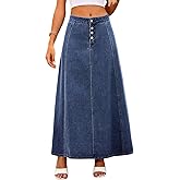 ebossy Women's High Waist Denim Skirt Classic 4-Button Flare A Line Stretch Maxi Long Jean Skirts with Pockets